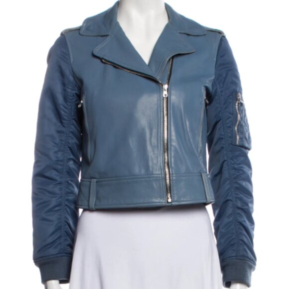 Sandro Blue Goat Leather Coat Biker Moto Bomber Jacket with Pleated Sleeves - Picture 1 of 16